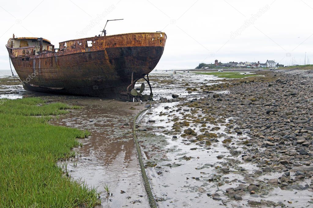The rusted boat by Roa Island, is now a renowned landmark, in Barrow-in-Furness, Cumbria.