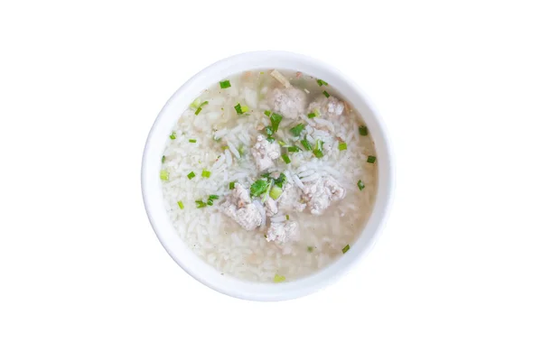 Heerlijke Pap Rijstschaal Eten Thaise Stijl Varkensrijstpap Geïsoleerd Witte Achtergrond — Stockfoto