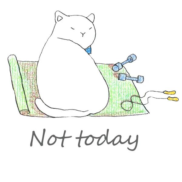 Yağ komik beyaz kedi yeşil yoga matl oturuyor. Renkli kalemler ve mürekkeple elle çizilmiş illüstrasyon.