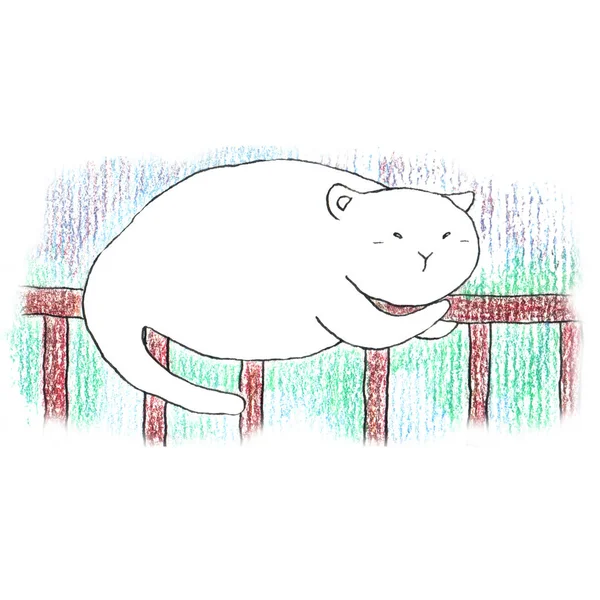 Fat funny white cat sleeping on the brown fence. Hand drawn illustration by color pencils and ink.