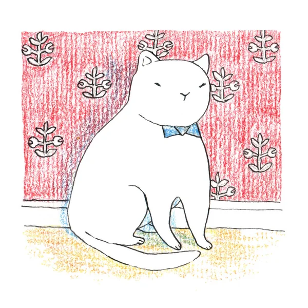 Χοντρή Αστεία Λευκή Γάτα Που Κάθεται Κοντά Στον Κόκκινο Τοίχο — Φωτογραφία Αρχείου