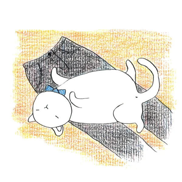 Şişman komik beyaz kedi siyah pantolon üzerinde yatıyordu. Renkli kalemler ve mürekkeple elle çizilmiş illüstrasyon.