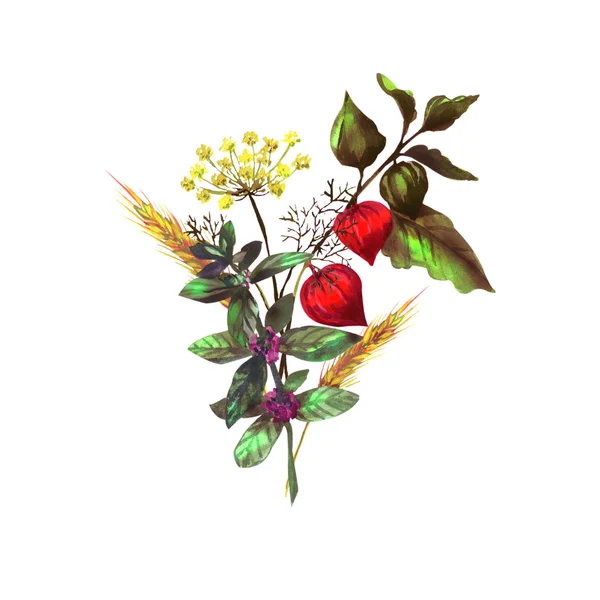 Otlar ve çiçekler ile renkli buket. Sonbahar ve sümer ruh hali