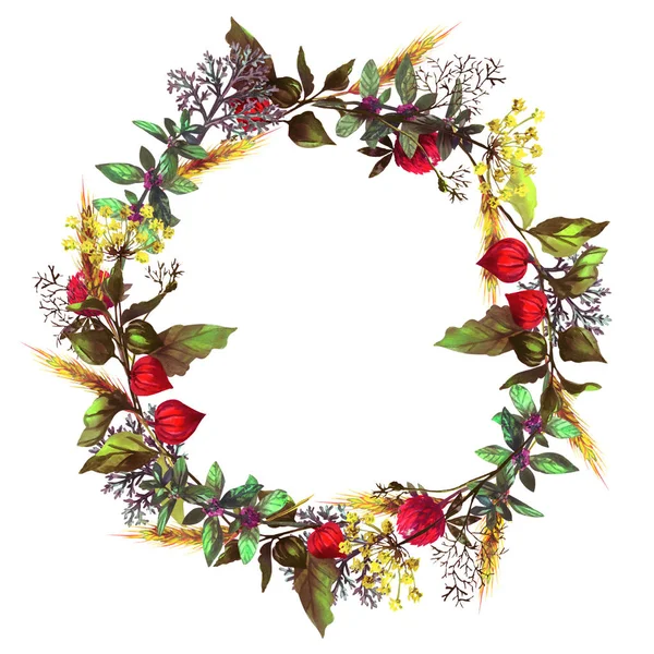 Otlar ve çiçekler ile renkli çelenk. Sonbahar ve sümer ruh hali