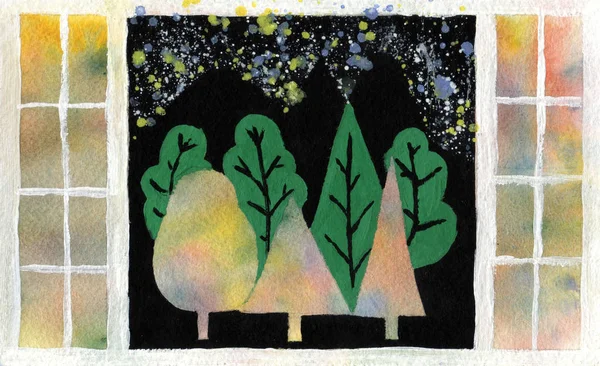 Pencere ve gece ormanı ile İllüstrasyon