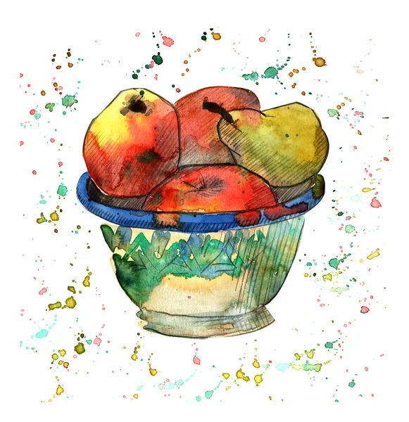Kasede elma ve armut ile suluboya illüstrasyon