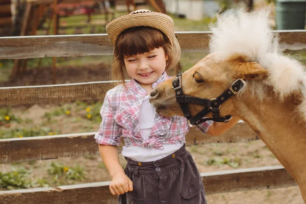 Little Happy Beautiful Girl Brown Hair Cowboy Hat Boots Pink — Stock Photo, Image