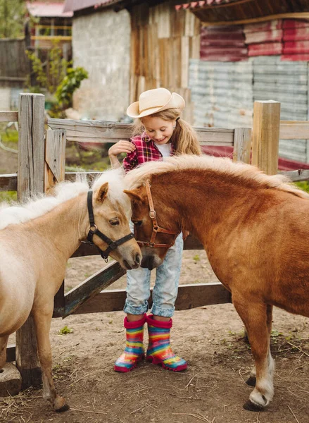 Little Blond Hair Girl Cowboy Hat Boots Pink Plaid Shirt — Stock Photo, Image