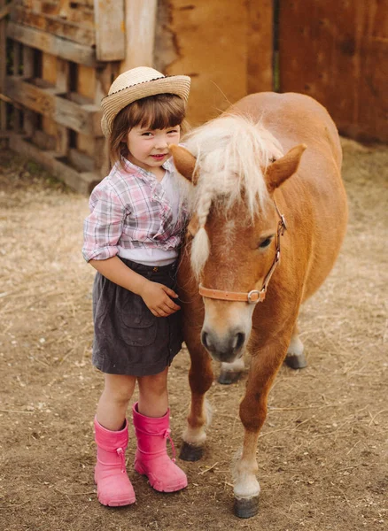 Little Happy Beautiful Girl Brown Hair Cowboy Hat Boots Pink — Stock Photo, Image