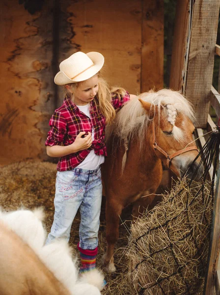 Little Blond Hair Girl Cowboy Hat Boots Pink Plaid Shirt — Stock Photo, Image
