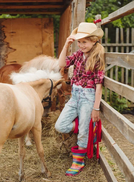 Little Blond Hair Girl Cowboy Hat Boots Pink Plaid Shirt — Stock Photo, Image