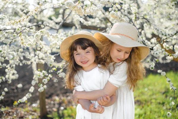 여름에 꽃피는 정원에서 미소짓는 자매들 로열티 프리 스톡 이미지