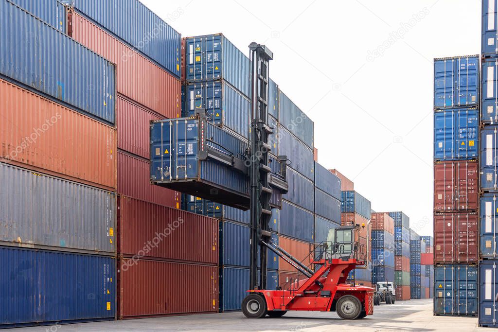 Folk lift car working in container yard for preparing imported or exported products background,Container Trainer full of products for delivery to customer