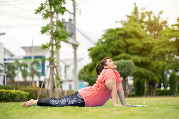 Yeni normal kavram, genç kadın motivasyon egzersizinden ya da bahçede yoga yapmaktan mutlu. Şişko kadının kilo vermek ve sağlıklı yaşam kurmak gibi bir niyeti var..