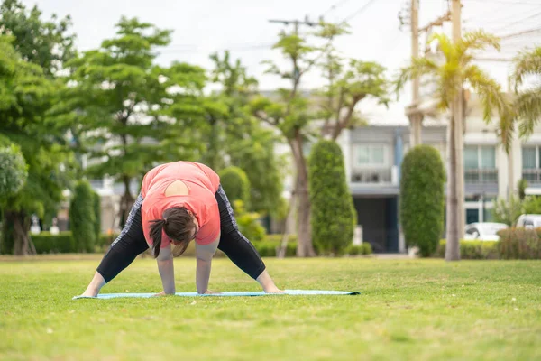 Yeni normal kavram, genç kadın motivasyon egzersizinden ya da bahçede yoga yapmaktan mutlu. Şişko kadının kilo vermek ve sağlıklı yaşam kurmak gibi bir niyeti var..