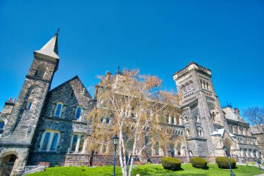 Toronto, Kanada - 16 Haziran 2019: Eski Toronto Üniversitesi Kampüsü ve şehir merkezindeki binalar