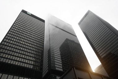 Toronto finans bölgesi silüeti ve modern mimari manzarası. Gökdelenler, sis ve bulut konsepti.