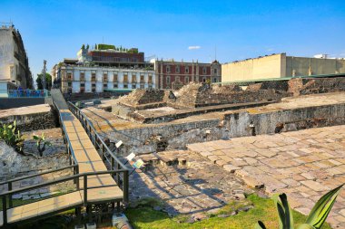 Mexico City, Meksika-22 Nisan 2018: Büyük Tapınak (Templo Belediye Başkanı) Aztek harabeleri