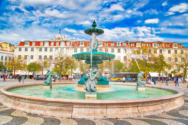 Famous Rossio Square fountain in Lisbon