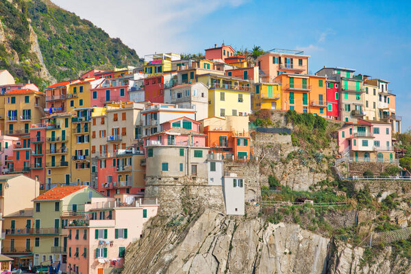 Italy, Manarola colorful streets overlooking scenic shoreline