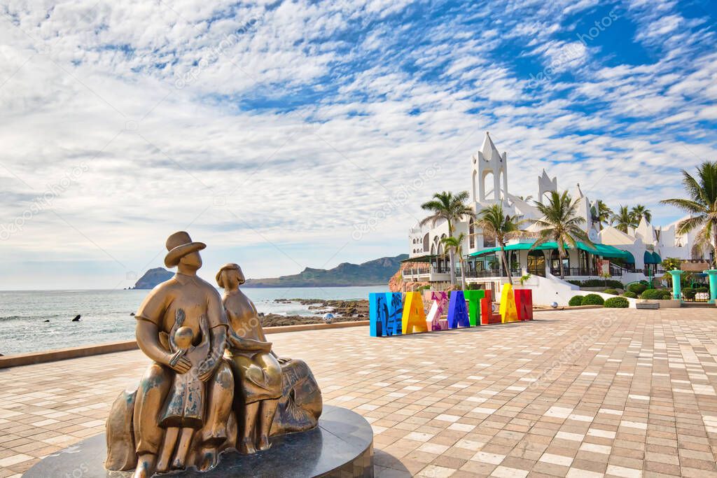 Mazatlan, Mexico-10 December, 2018: Big Mazatlan Letters at the entrance to Golden Zone (Zona Dorada), a famous touristic beach and resort zone in Mexico