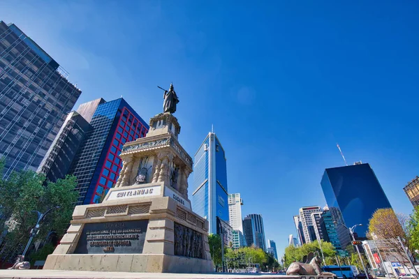 Mexico, Mexico City-2 December, 2018: Monument to Cuauhtemoc, the last Mexican ruler of Tenochtitlan, located at the intersection of Avenida de los Insurgentes and Paseo de la Reforma in Mexico City