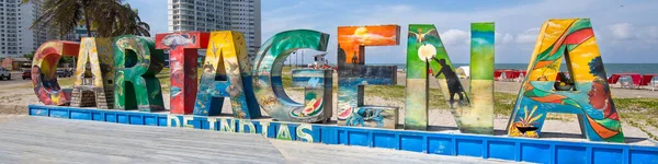 Cartagena Colombia Diciembre 2019 Grandes Cartas Bienvenida Cartagena Una Playa — Foto de Stock