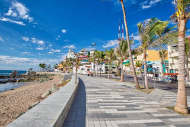 Mazatlan, Mexico-10 April, 2019: Famous Mazatlan sea promenade (El Malecon) with ocean lookouts and scenic landscapes clipart