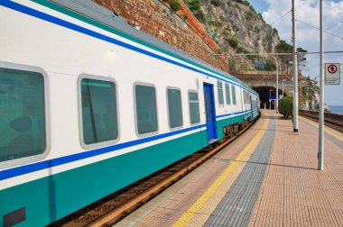 Manarola, Cinque Terre, İtalya-10 Temmuz 2019: Cinque Terre 'nin manzaralı kıyı şeridi yakınlarındaki Manarola tren istasyonu