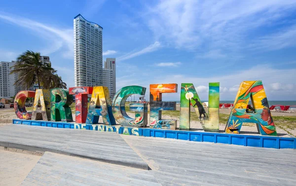 Cartagena Colombia Diciembre 2019 Grandes Cartas Bienvenida Cartagena Una Playa — Foto de Stock