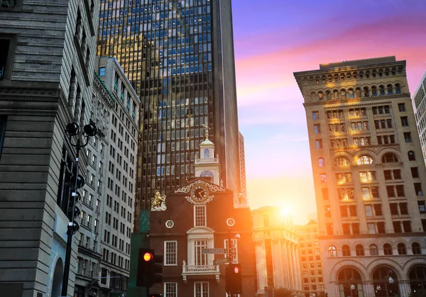 Boston Calles Del Centro Cerca Old State House Atardecer — Foto de Stock