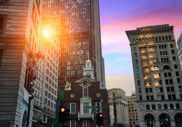 Boston Ruas Centro Perto Old State House Pôr Sol — Fotografia de Stock