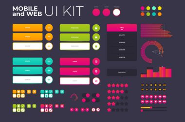 Ux ui kit, uygulamaların ve web sitelerinin dizaynı için renkli düğmeler basma, durağan ve havada asılı durma kipinde