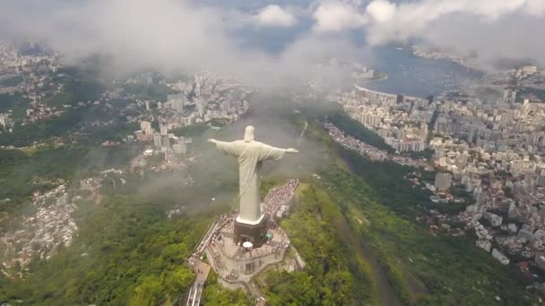 Jesus Christ Statue Over Rio De Janeiro Brazil, Aerial View. Christ The Redeemer — Stock Video
