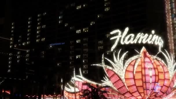Flamingo Hotel Casino, Las Vegas Nevada, EE.UU. Signo de neón brillante y logotipo de cerca — Vídeos de Stock