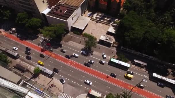 Top Down Aerial View of Daily Urban Traffic on Paulista Avenue Сан - Паулу — стокове відео