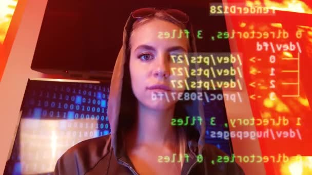 Hacker femenina mirando la pantalla mientras trabaja en el código del sistema Computadora portátil POV — Vídeo de stock