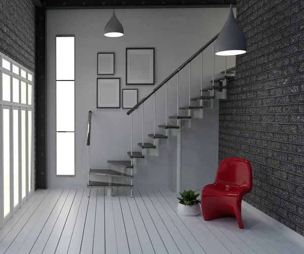 Boş, Modern loft tarzı yaşam iç tasarım. 3d render — Stok fotoğraf