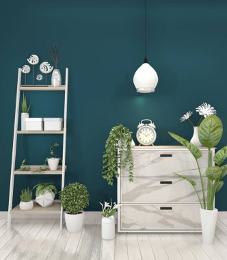 Karanlıkta bitki ile modern oturma odasında granit dolap kadar Mock