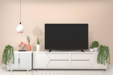 Mock up Pembe oda iç konsept afiş çerçeveleri ve modern cabi