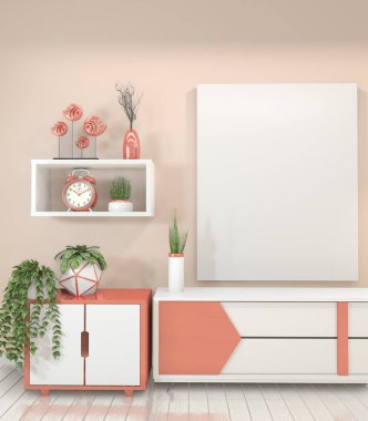 Mock up Pembe oda iç konsept afiş çerçeveleri ve modern cabi