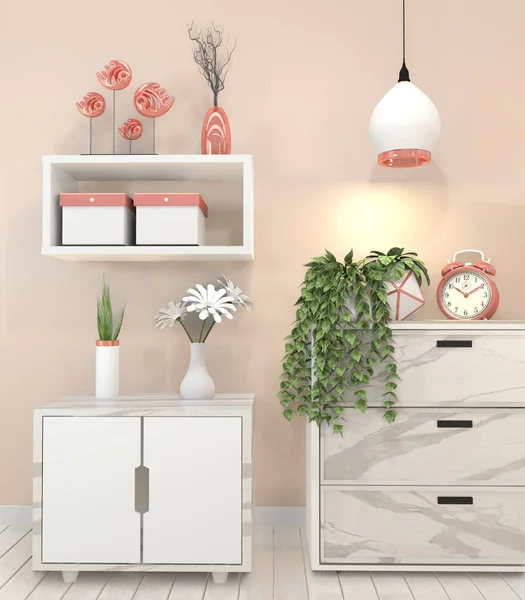 Simular gabinete de granito en la sala de estar moderna con planta en rosa — Foto de Stock