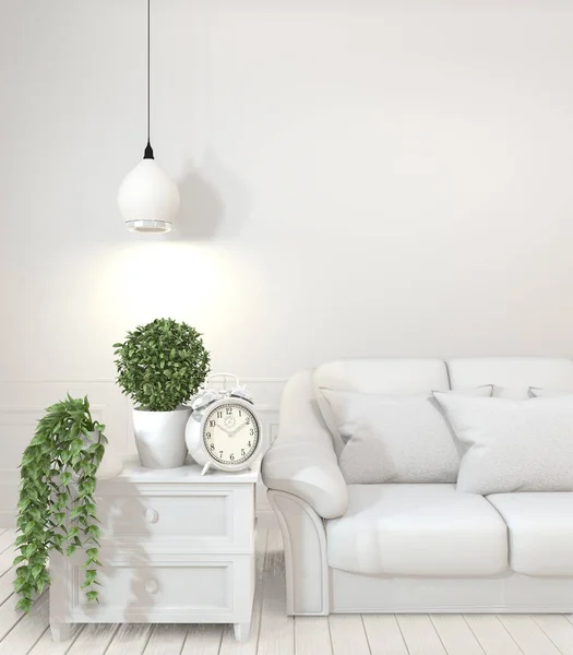 Interior poster mock up with  empty wooden  sofa, plant and lamp