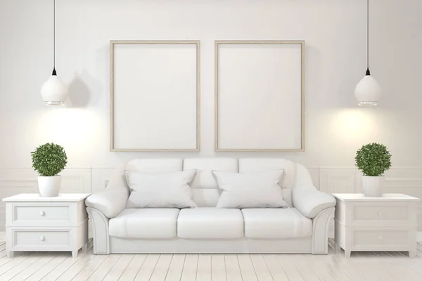Cartel interior maqueta con marcos de madera vacíos, sofá, planta un —  Fotos de Stock