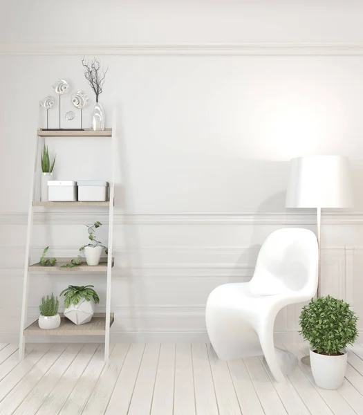 Μακέτα λευκή καρέκλα και διακόσμηση μοντέρνο στυλ σε λευκό δωμάτιο σε — Φωτογραφία Αρχείου