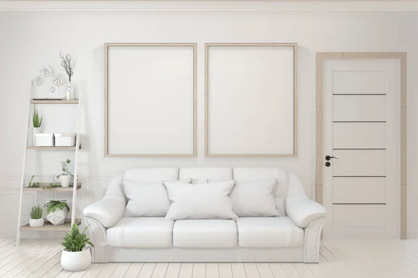 Interieur poster mock up met lege houten frames, sofa, plant a — Stockfoto
