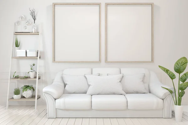 Interior poster mock up with  empty wooden frames, sofa, plant a