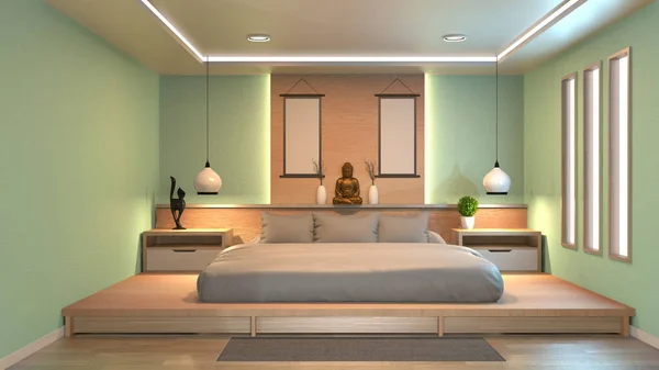 Modernt och fridfullt sovrum. Zen stil sovrum. Fridfull och fridfull — Stockfoto