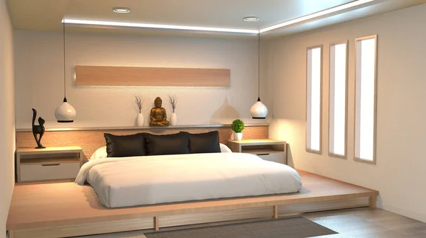 Moderní mírumilovná ložnice. ložnice v Zenovém stylu. Mírumilovný a klidný — Stock fotografie