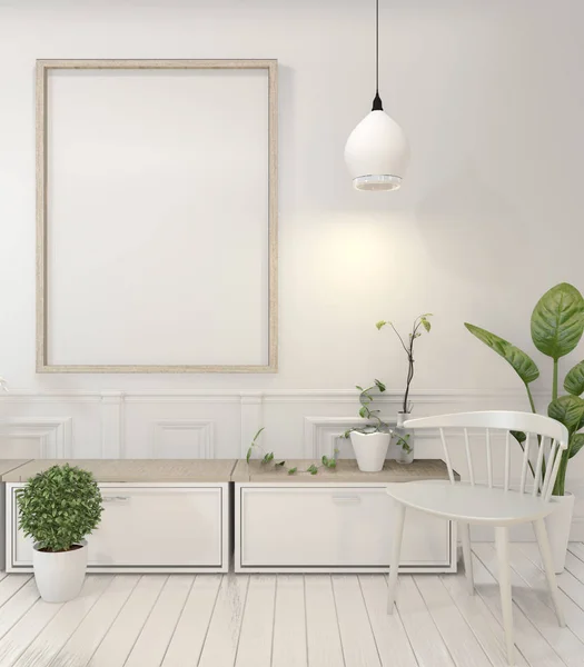 Κορνιζώστε το πλαίσιο αφίσα και το ντουλάπι και τα φυτά διακόσμησης σε λευκό — Φωτογραφία Αρχείου